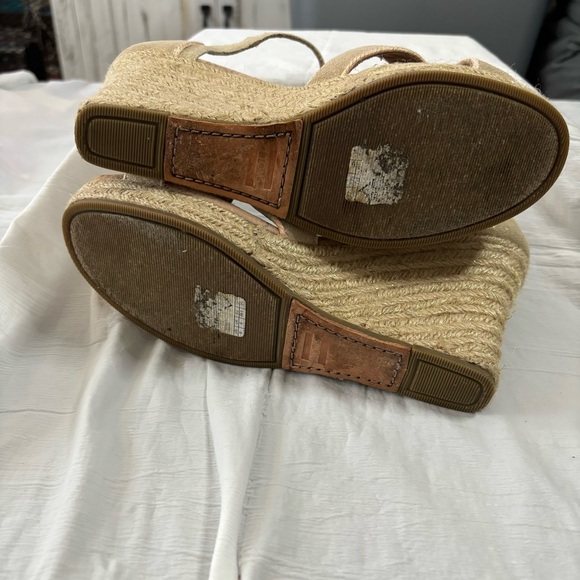 TOMS Golden Beige Cross Strap Wedge Heels 8 - Picture 9 of 9